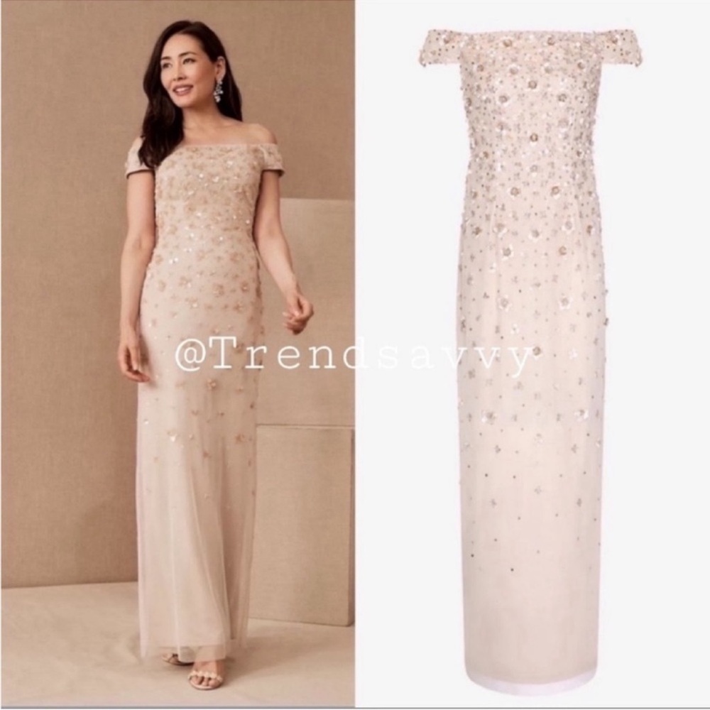 BHLDN Adrianna Papell Rosie Handsewn Beaded Off Shoulder Gown Dress Biscotti 6